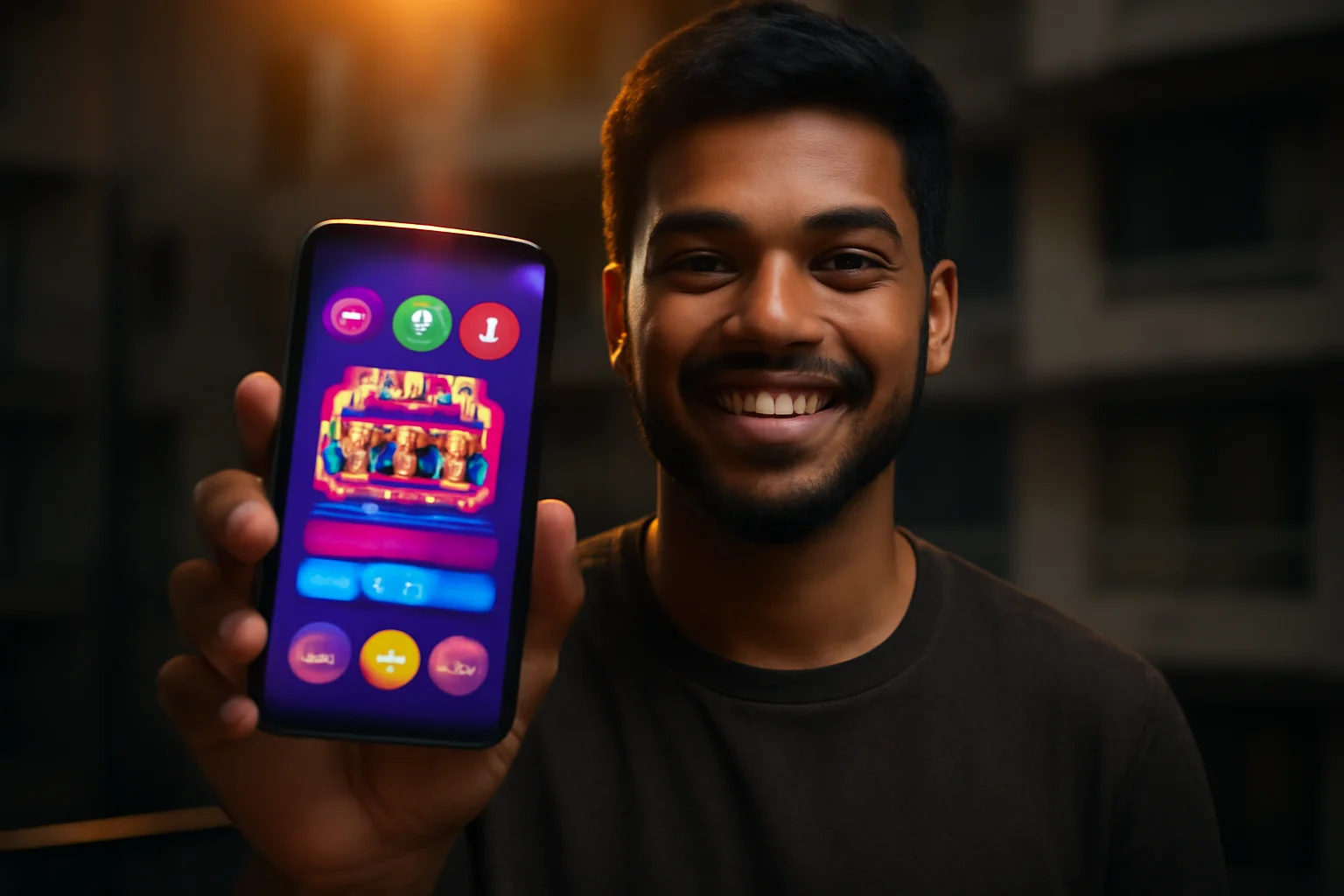 Young Bangladeshi man smiling, showing colorful mobile casino app screen