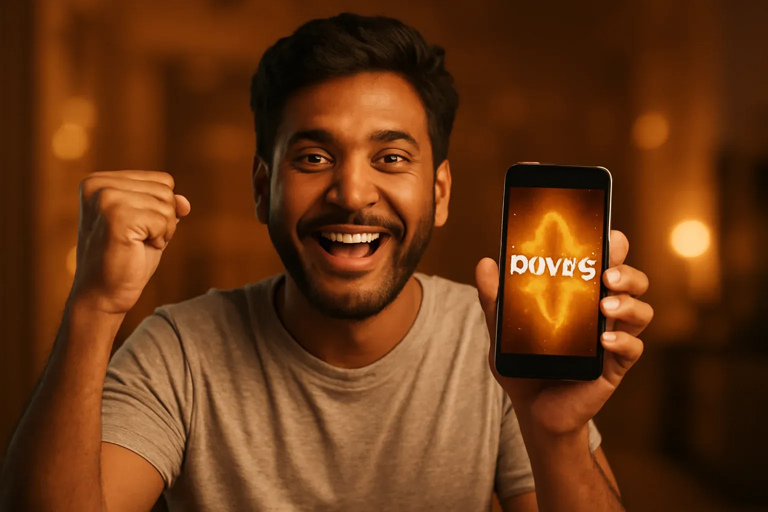 Joyful Bangladeshi man showing smartphone with glowing bonus notification
