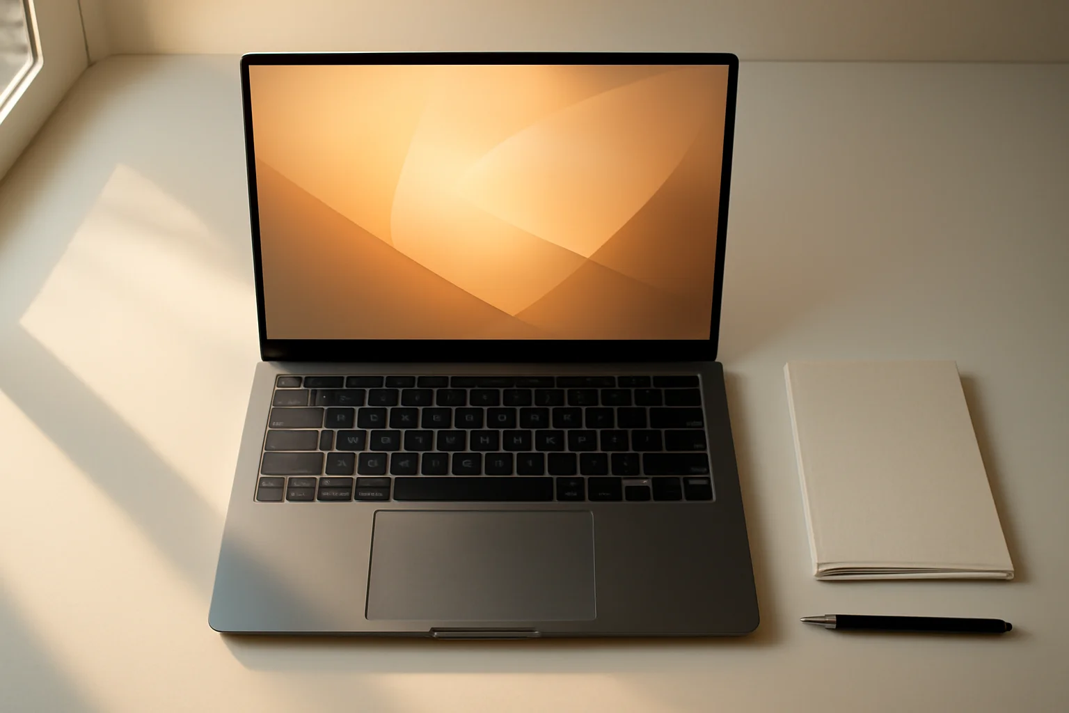 Modern laptop on white desk with pen and notepad