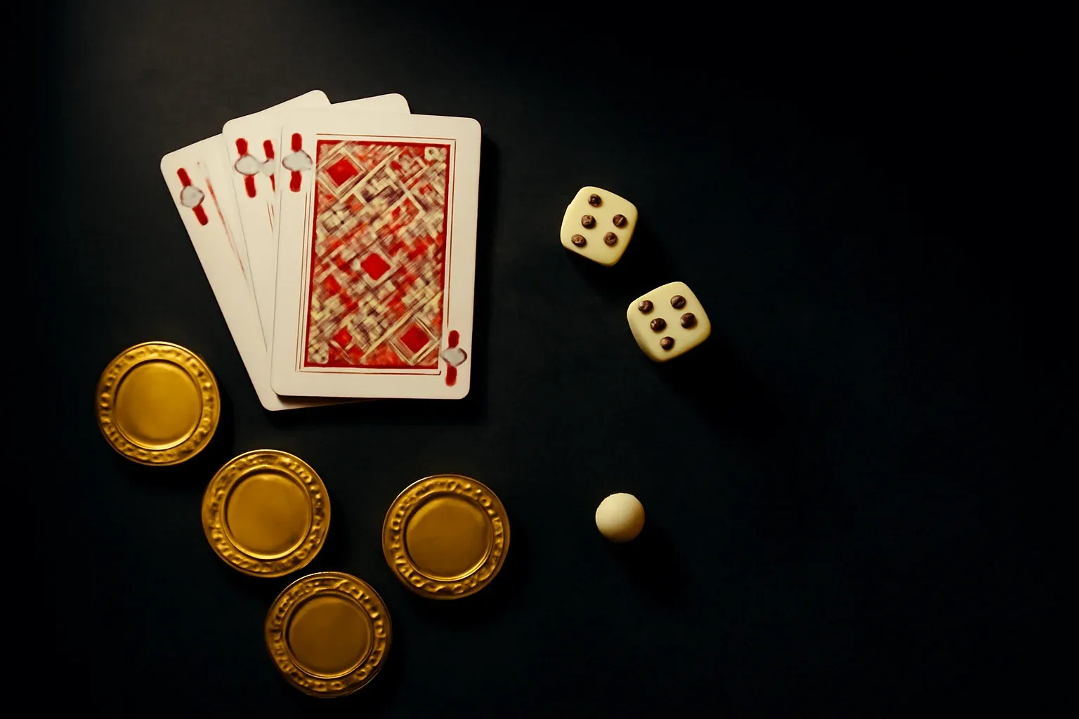 Golden casino chips, cards, dice, and roulette ball on velvet