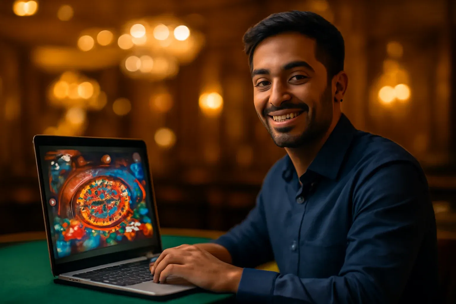 Cheerful Bangladeshi man with open laptop at premium casino lounge