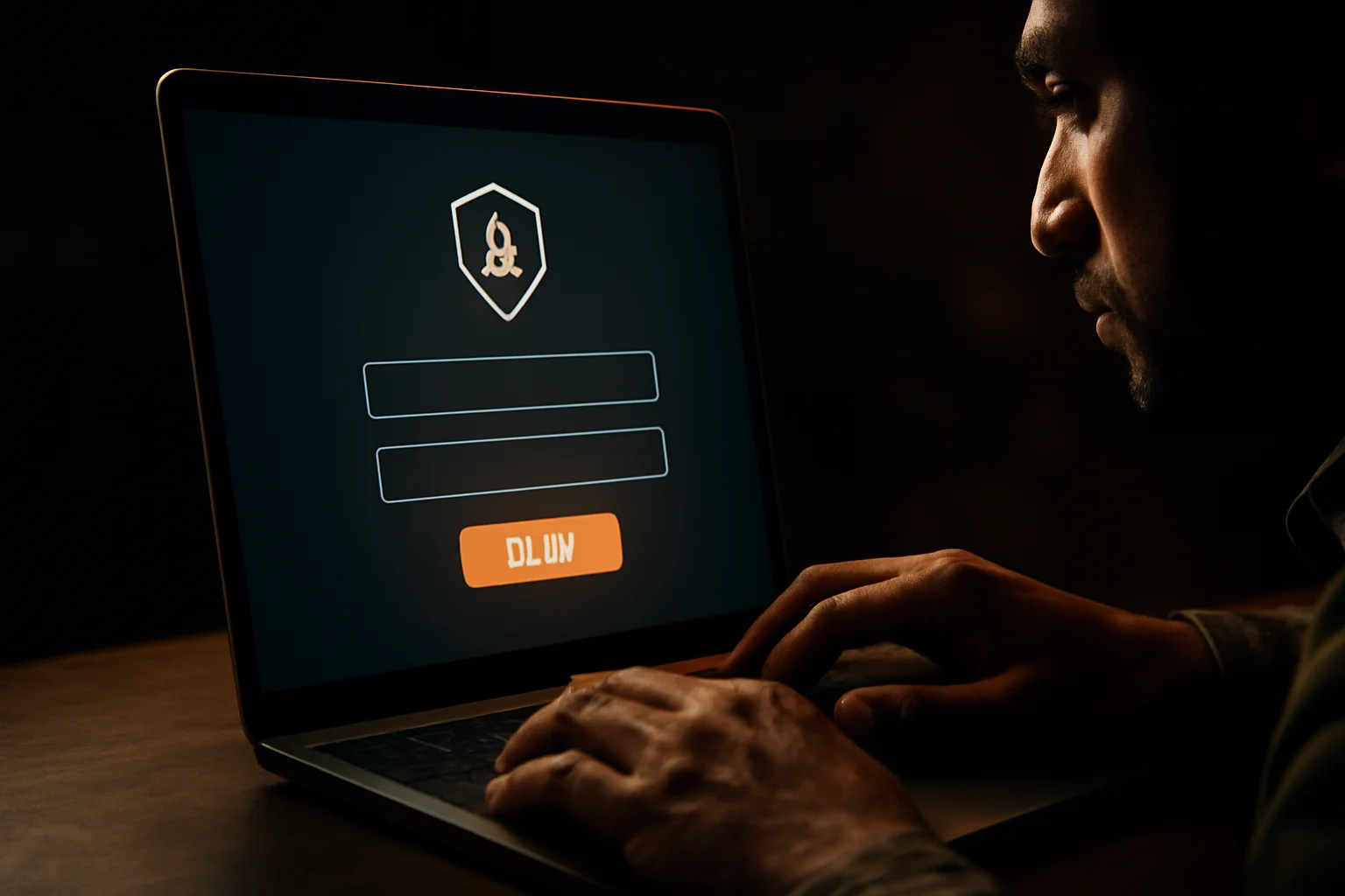 Bangladeshi man's hands on laptop showing stylized login form