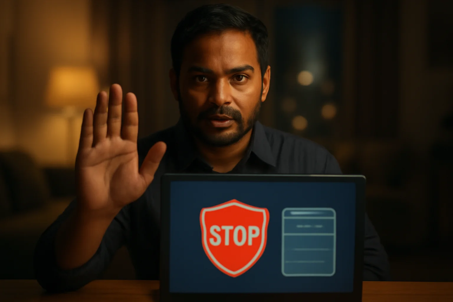 Bangladeshi man shows stop gesture beside laptop with responsible gambling screen