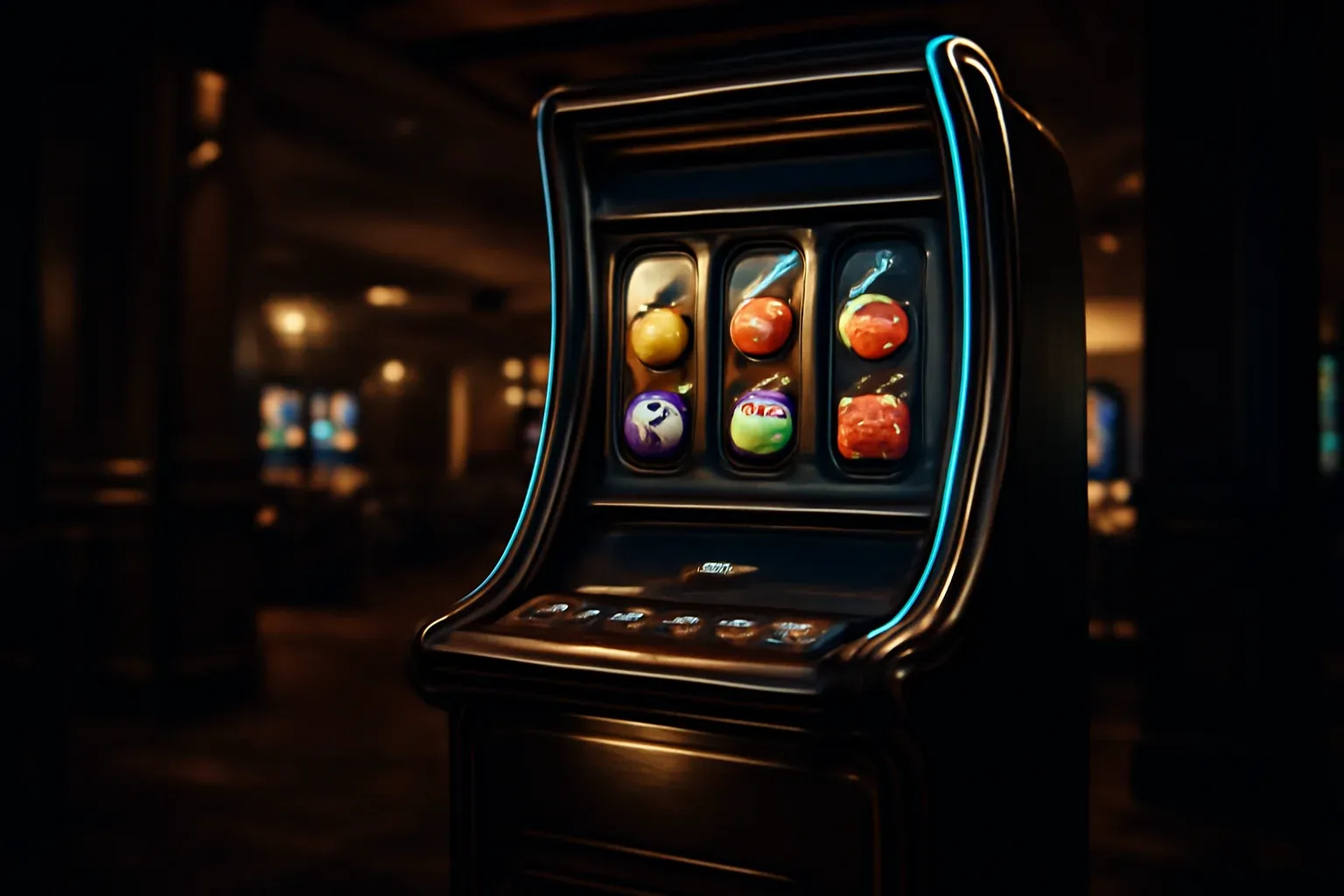 Hyperrealistic premium slot machine with glowing reels in luxury casino